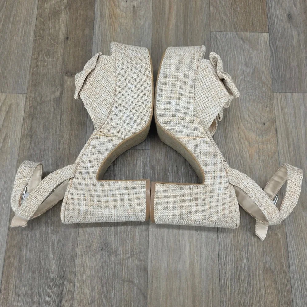 Bamboo Beige Woven Platform Bow Ankle Strap Heels Women‎ Shoes Size 9 - Picture 9 of 11